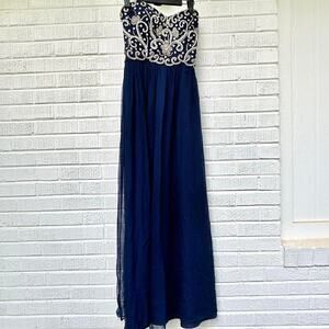 Vintage 90s Sean Collection Navy Blue Metal Beaded Formal Dress